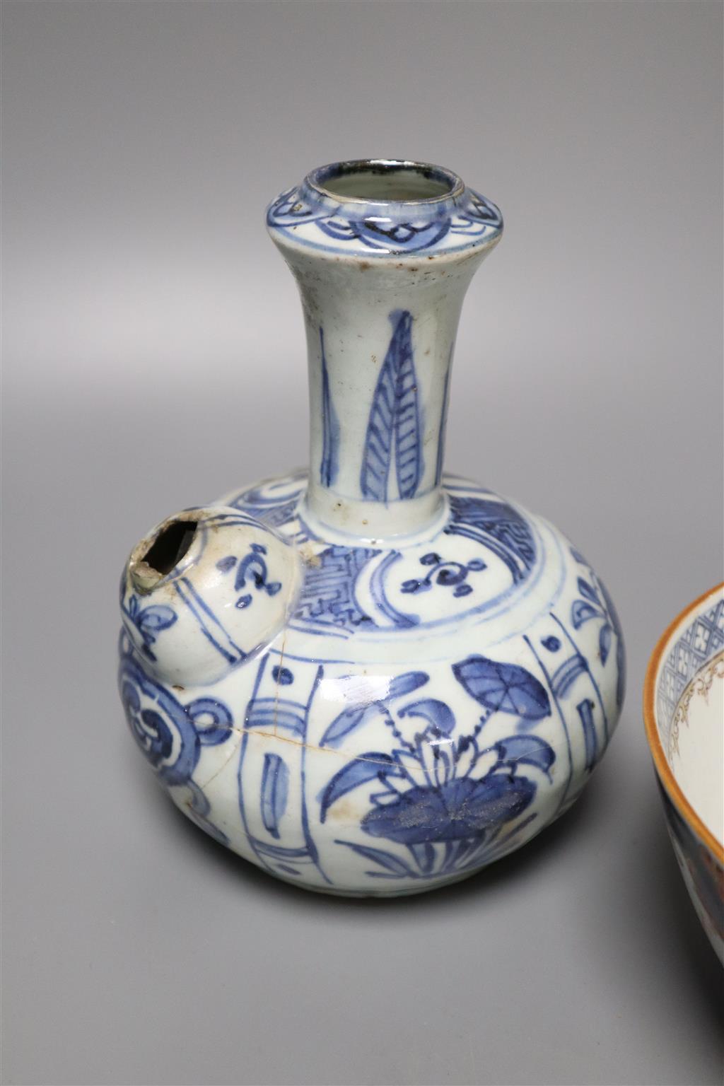 A Chinese late Ming blue and white kendi and an 18th century Chinese Mandarin bowl, bowl 20cm diameter